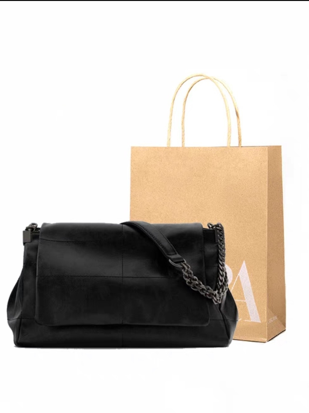 Zara Rock Flap Black Vegan Leather Shoulder Bag with Chain Strap Motorcycle
